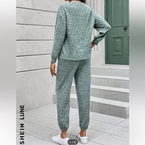 SHEIN LUNE Marled Knit Drop Shoulder Sweatshirt & Sweatpants green medium - Picture 2 of 3